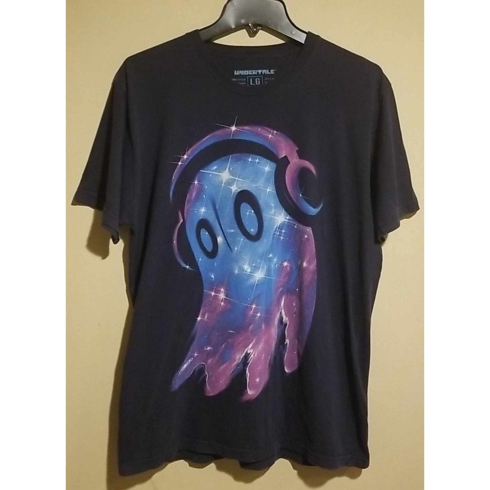 Fun Cartoon Ghost Wearing Headphones Black T-Shirt Size Large